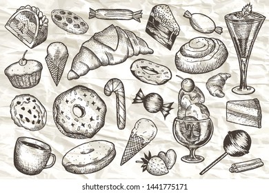 Set of different sweets, such like a cupcake, ice cream, donuts, etc. Hand-drawn vector illustration.
