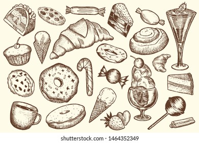 Set of different sweets, such like a cupcake, ice cream, donuts, etc. Hand-drawn vector illustration.