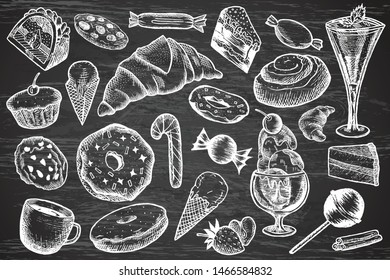 Set of different sweets, such like a cupcake, ice cream, donuts, etc. Hand-drawn vector illustration.