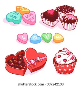 Set of different sweets for Valentine's Day. Colored candy in heart-shaped box of chocolates, cupcake with hearts and chocolates. Vector clip-art illustration on a white background.