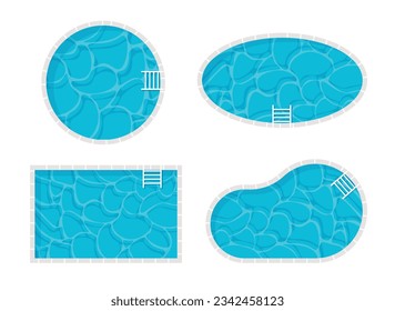 Set of different swimming pools top view. Rectangular, rounde, oval pool. Design elements and furniture. Vector illustration isolated on white.