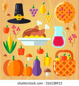 Set of different symbol elements for thanksgiving day, bright and tasty vegetables, fruits and other accessories. Fully editable vector illustration. Perfect for cards, posters and other prints.