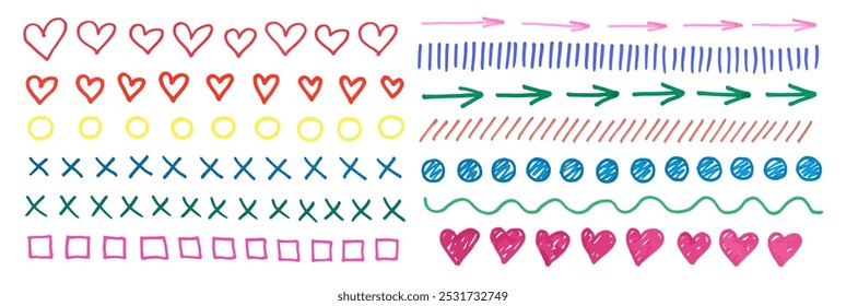 Set of different symbols drawn with felt-tip pen. Marker brushes, hearts, circles, squares, crosses, arrows, various lines. Vector illustration
