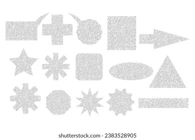 Set of different symbols and signs made of sand texture. Geometric shapes and icons with grainy noise effect. Grunge star, cross, heart, arrow, square, rectangle, triangle, oval, speech bubble. Vector