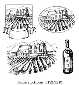 Set of different symbols of vineyard and bottle of wine