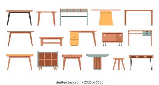Set of different tables, classic, modern, office. Isolated on a white background. Cartoon vector flat illustration