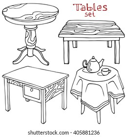 Set of different tables. Hand-drawn design elements.