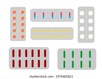 Set of different tablets in a blister pack. Vector illustration