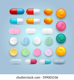 Set of different tablets, capsules, and pills. Colorful vector medical icons