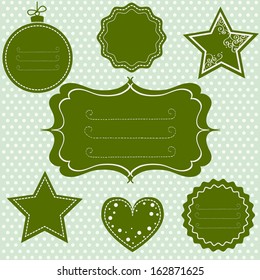 Set of different tags and frames for christmas and other occasions on polka dot background.