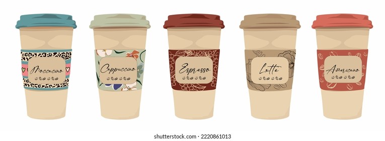 Set of different takeaway coffee cups - espresso, cappuccino,  americano, latte, moccacino with trendy decorative labels and plastic lids. Hot drinks to go. Vector illustration isolated.