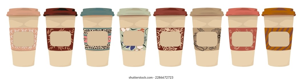 Set of different takeaway coffee cups vector label