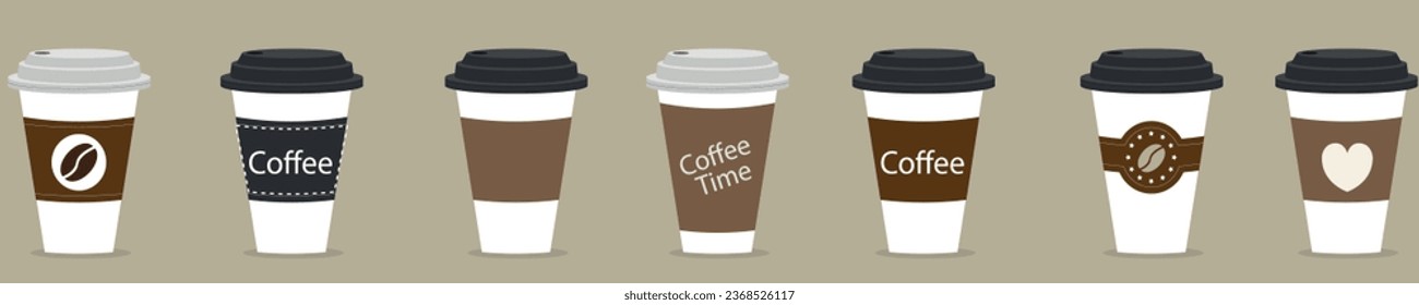 Set of different takeaway coffee cups for espresso, cappuccino, americano, latte, mocca, trendy decorative labels with copy space for text. menu elements, tags. Vector illustration 