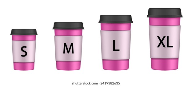 Set of different takeaway hot and cold beverage sizes. Paper cup size chart: small, medium, large, extra-large. Coffee to go. Take away. Bar menu. Pink cupholders