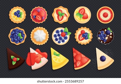 Set of different tartlets, tarts, open pastry pies or cake with cream cheese, chocolate cream and fresh berries 
(strawberry, raspberry, blueberry, blackberry, orange and lemon)