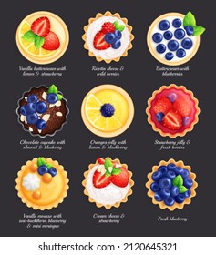 Set of different tarts, open pastry pies and cake with fresh berries. 
Healthy dessert breakfast, morning table. Isolated on dark background, top view. Realistic vector illustration