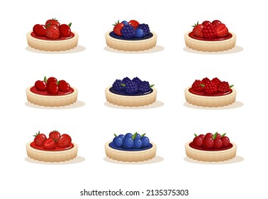 Set different tarts. Different tartlets with berries. Strawberries, raspberries, blackberries, blueberries, currants, cherry on cakes