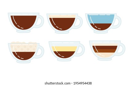 Juego de café de diferente gusto en la ilustración del vector de taza de vidrio transparente sobre fondo blanco