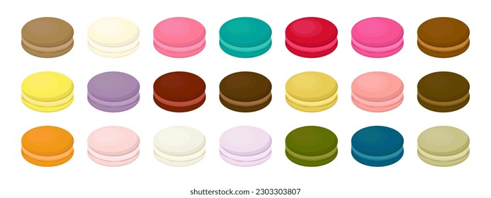 Set von verschiedenen Geschmacksrichtungen französische Makaronekekekse. Süße und leckere französische Macaroonwüste. Vektorgrafik