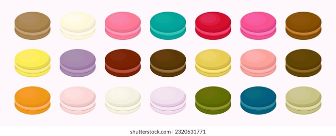 Galletas de macarón francesas de diferentes sabores. Dulce y sabrosa macarons de Francia desierto. Ilustración del vector