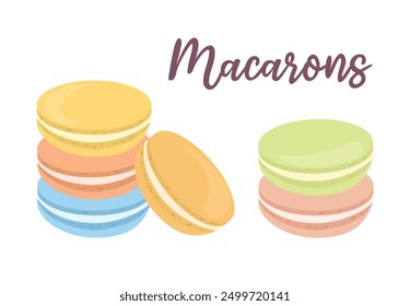 Set of different taste macaron. Macaroons, sweet bakery. Colorful french almond cookies. Vector illustration isolated on white background.