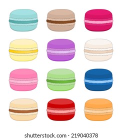 Set of different taste macarons, collection of variation colorful french macaron - brown, blue, red, green, pink.. cartoon graphic design, vector art image illustration, isolated on whtie background