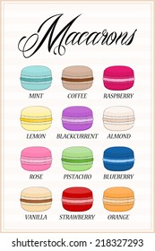 Set of different taste macaroons, collection of variation colorful french macaron - brown, blue, red, green, pink.. cartoon graphic design, vector art image illustration, isolated on whtie background