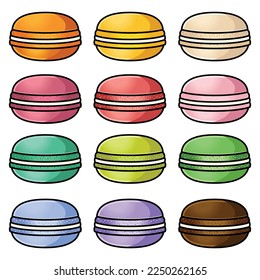 Set of different taste macaroons. Different color of macaroons. Icon set illustration. Flat design cartoon vector illustration