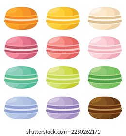 Set of different taste macaroons. Different color of macaroons. Icon set illustration. Flat design cartoon vector illustration