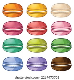 Set of different taste macaroons. Different color of macaroons. Icon set illustration. Flat design cartoon vector illustration