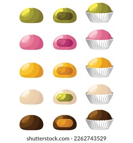 Set of different taste mochi daifuku. Different color of mochi japanese rice cake snack. Icon set illustration. Flat design cartoon vector illustration collection. Isolated on white background