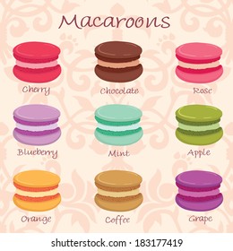 Set of different tastes and colors macaroons. Royal background. Vector illustration.