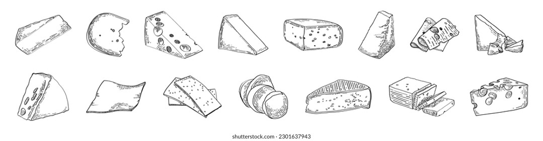 Set of different tasty cheeses on white background