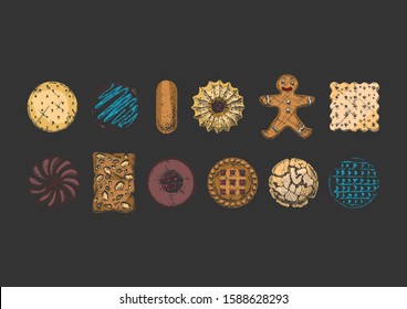 Set of different tasty cookies in old fashioned etched style. Isolated on black background.  