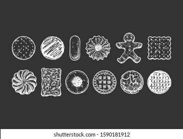 Set of different tasty cookies in old fashioned etched style. Isolated on black background.  