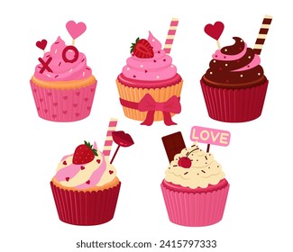 Set of different tasty cupcakes for Valentine's Day on white bac