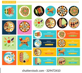 Set of different tasty dishes flat. Yakitori and okonomiyaki, sushi and unagi, ramen and tonkatsu, health and fast food, menu and kitchen illustration. Set of food banners