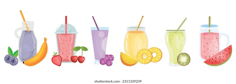 Set of different tasty smoothies on white background