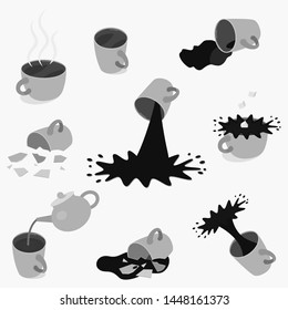 Set Of Different Tea And Coffee Cups - Full, Empty, Broken. Vector Illustration. Black And White.