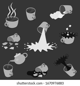 Set Of Different Tea And Coffee Cups - Full, Empty, Broken On Dark Background. 