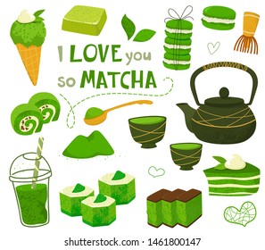 Set of different tea products made from matcha. Matcha powder, macarons, ice cream, cake, bamboo spoon, teapot, drink, sweets, tea, tea leaves. Hand drawn vector set. Handwriting text, lettering. 