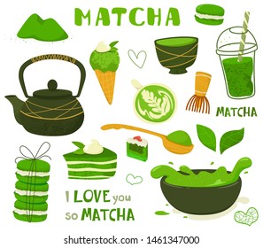 Set of different tea products of the matcha. Matcha powder, macarons, ice cream, cake, bamboo spoon, teapot, drink, tea, tea leaves. Hand drawn vector set. Handwriting text, lettering. Flat vector