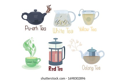 Set of different tea types and tea supplements. Vector illustration in flat cartoon style.