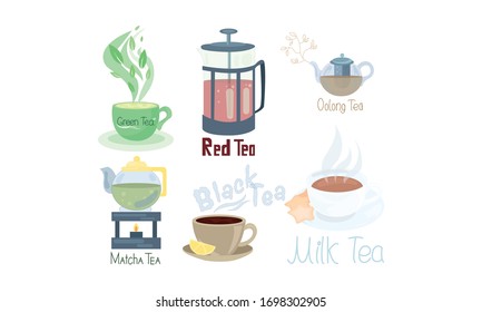 Set of different tea types and tea supplements. Vector illustration in flat cartoon style.