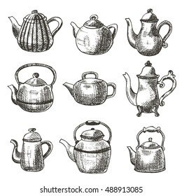 Set of different teapots. Hand drawn vector illustration. Can be used for menu, bar. restaurant and other design.