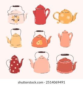Set of different teapots for tea and coffee. Flat vector illustration.