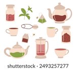 Set of different teas. Green, black, red tea in Glass cups and teapots of various shapes. Tea bags and jars of tea. Vector illustration for greeting card, banner, advertisement, menu.