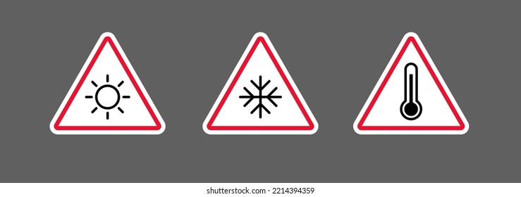 Set different temperature signs with outline style hot sun, frosty snowflake and thermometer in triangle shape vector illustration