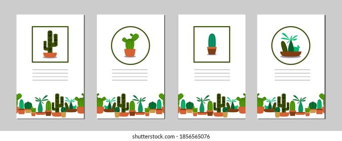 Set with different templates of cards. Vector design. Indoor potted flowers. Different cacti. Greeting, announcement, advertisement.
