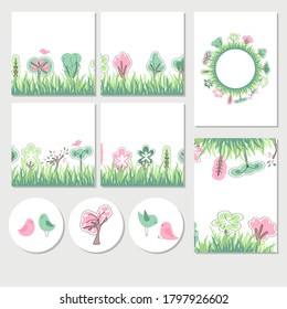 Set with different templates with spring and summer blossoming trees. Cards for your design and advertisement
